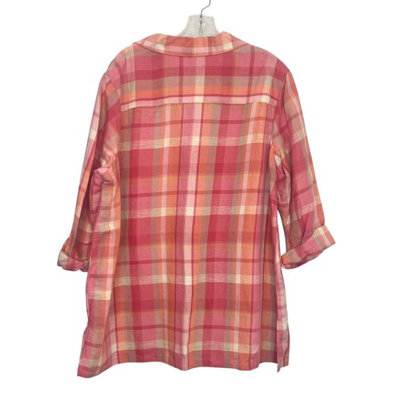 Maggie Barnes Button Up Shirt Womens Size 18W Pink Plaid Linen Blend - Picture 2 of 6